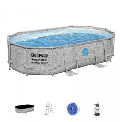 Basen stelażowy Power Steel Swim Vista z oknem 488x305x107 16x10FT BESTWAY 6w1 + Pompa piaskowa Bestway