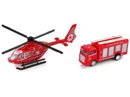 Zestaw Autek Straż Pożarna Naciąg Helikopter Czerwony LEAN Toys