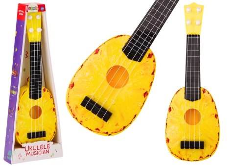 Ukulele Dla Dzieci Mini Gitara 4 Struny Motyw Ananasa Gitarka Żółta 15″ LEAN Toys