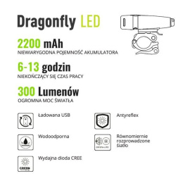 Lampa przód akum.,1Led5f, 300lm, 2200mAh, ład. USB, wodoodporna